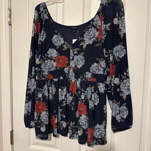 Torrid Blue and White Peplum Blouse Long Sleeve